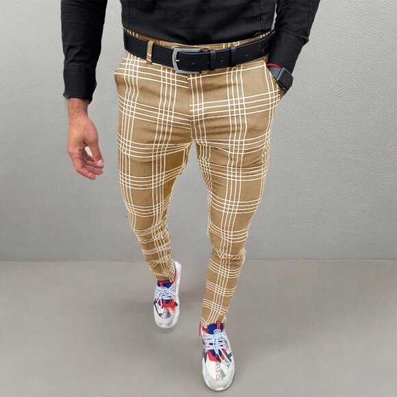 🆕 Men Tan Fashion Stretch Dress Slim Fit Plaid Business Suit Pants Casual Golf - Picture 4 of 4